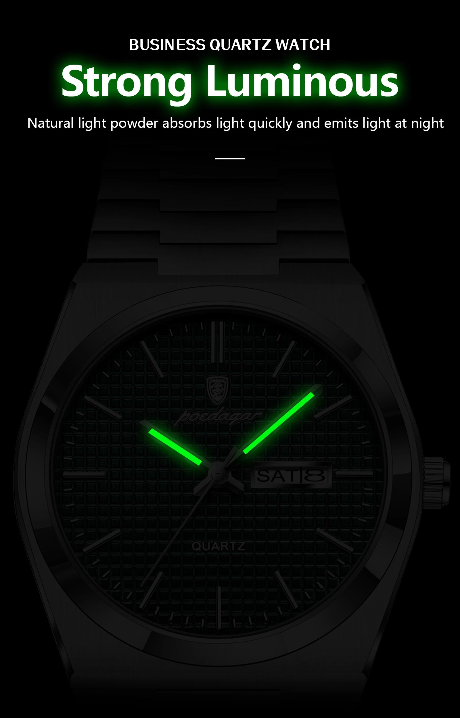 Full Calendar Stainless Steel Watch – Luminous Dial with Date, Week & Hidden Clasp