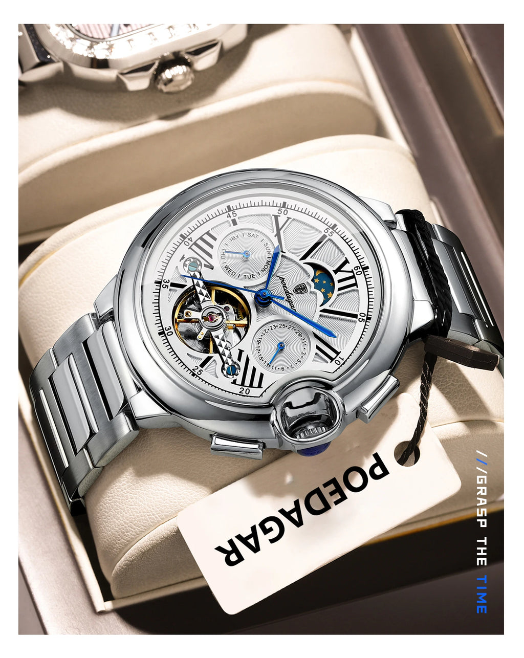 Automatic Skeleton Watch – Tourbillon Style with Moon Phase & Full Calendar