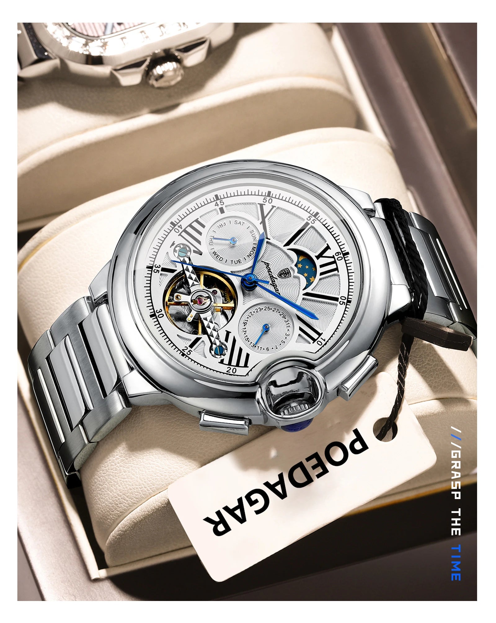 Automatic Skeleton Watch – Tourbillon Style with Moon Phase & Full Calendar