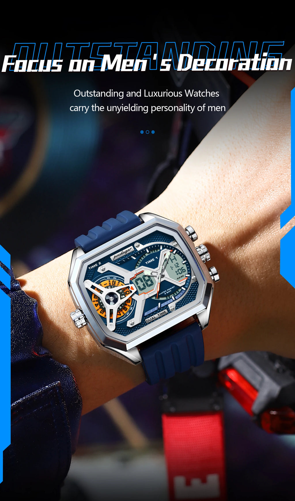 LED Analog-Digital Chronograph Watch – Dual Time & Alarm with Silicone Strap