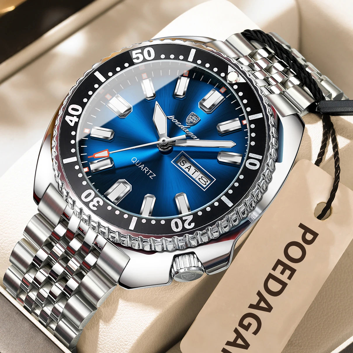 Large Full Calendar Watch – Luminous Dial with Hidden Clasp Bracelet