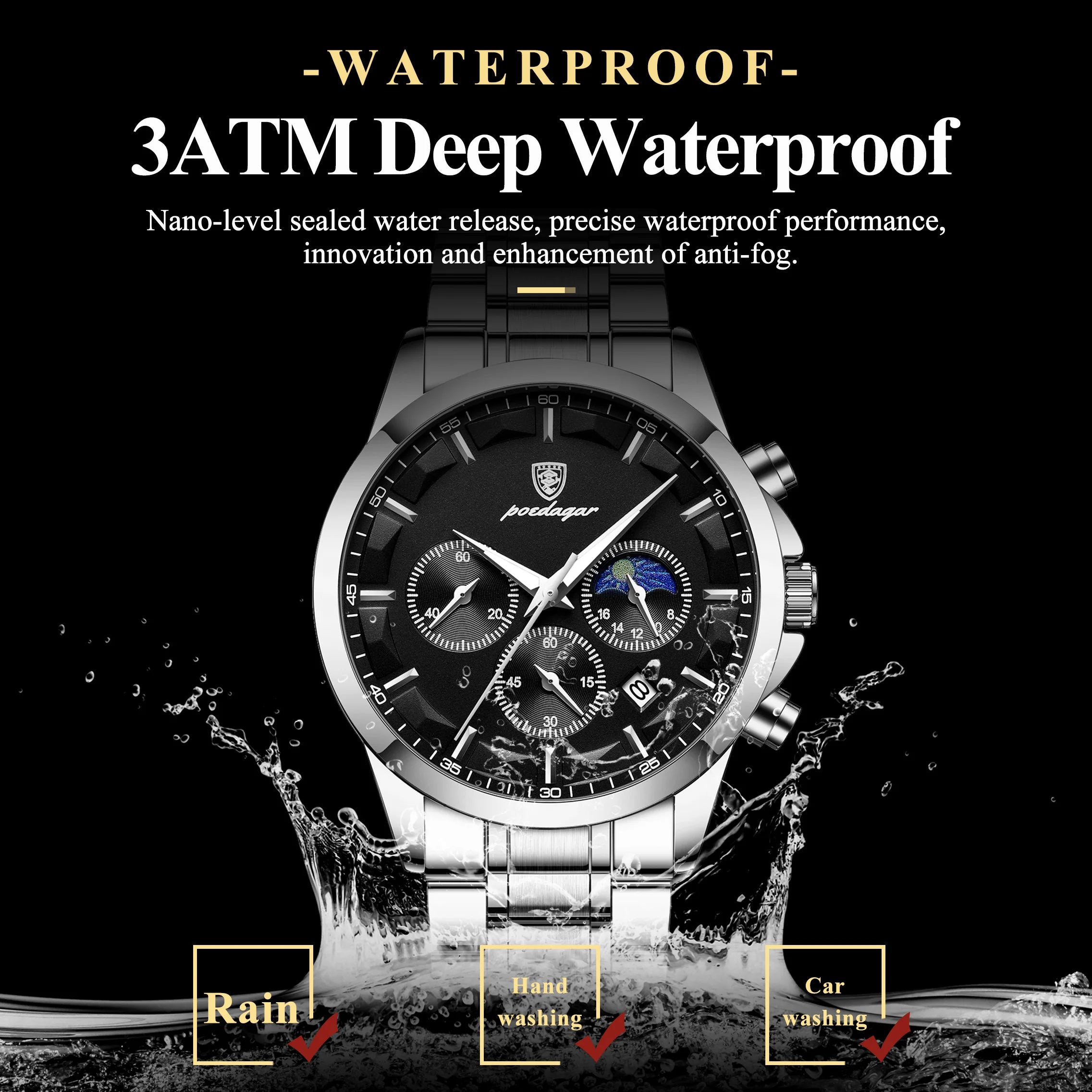 Chronograph Date Watch – Luminous Numberless Dial with Bracelet Clasp