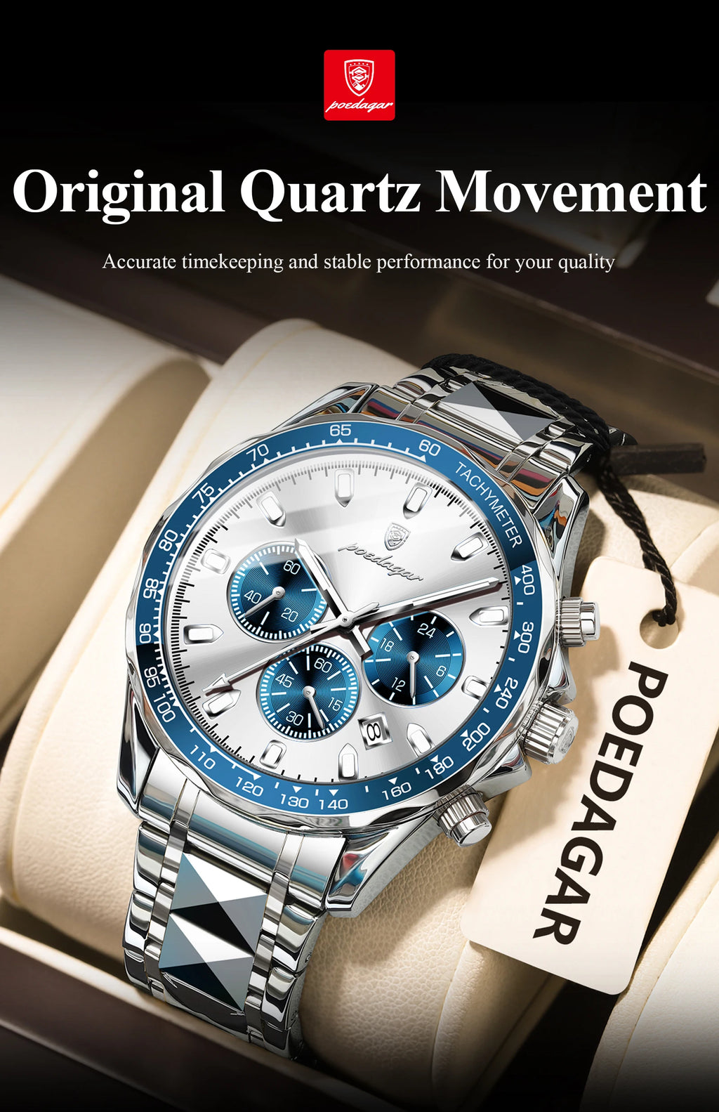 Chronograph Date Watch – Luminous Dial with Hidden Clasp Bracelet