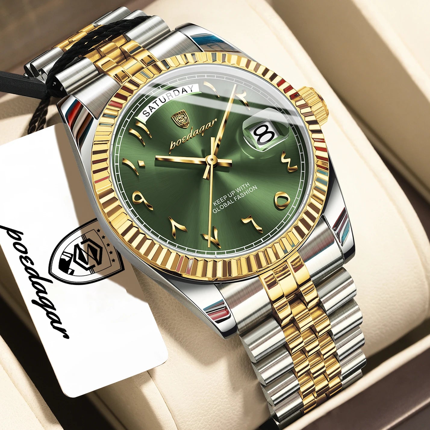 Full Calendar Slim Watch – Date & Week Display with Hidden Clasp Bracelet