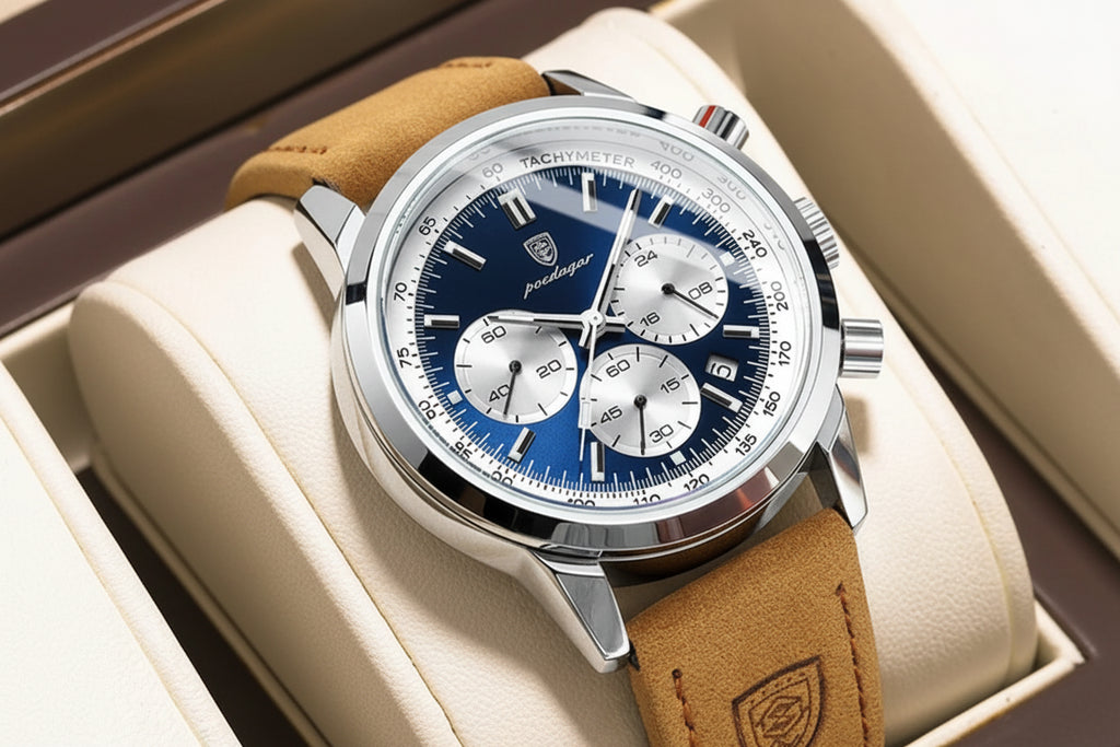 Chronograph Leather Watch – Luminous Numberless Dial with Date