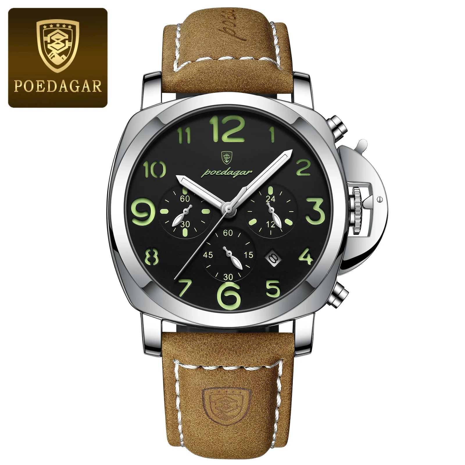 Chronograph Leather Watch – Bold Arabic Dial with Date & Luminous Hands