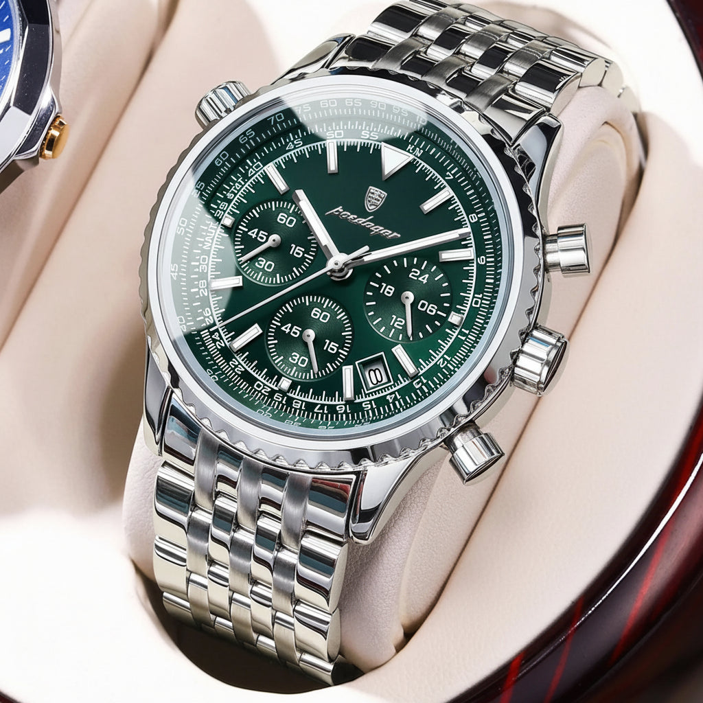 Chronograph Date Watch – Luminous Numberless Dial with Hidden Clasp Bracelet