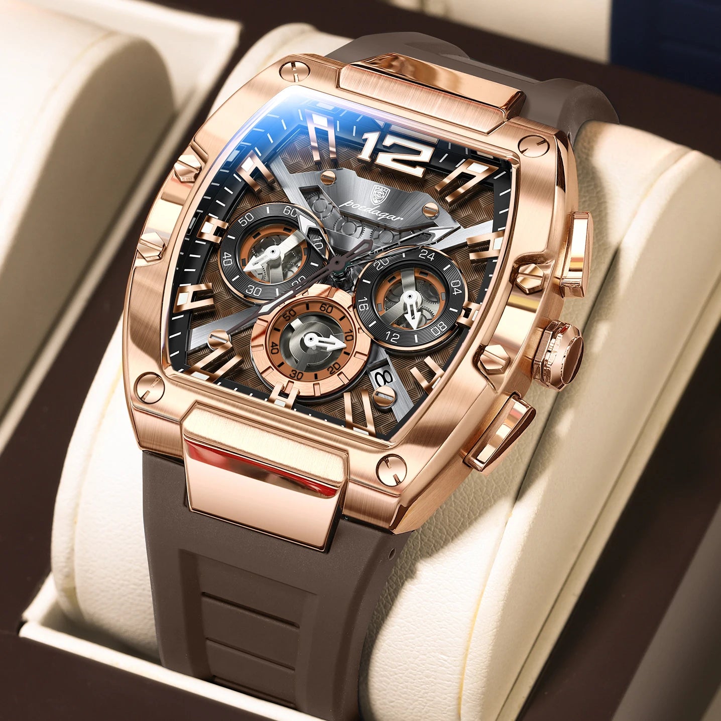 Tonneau Chronograph Watch – Luminous Arabic Dial with Silicone Strap