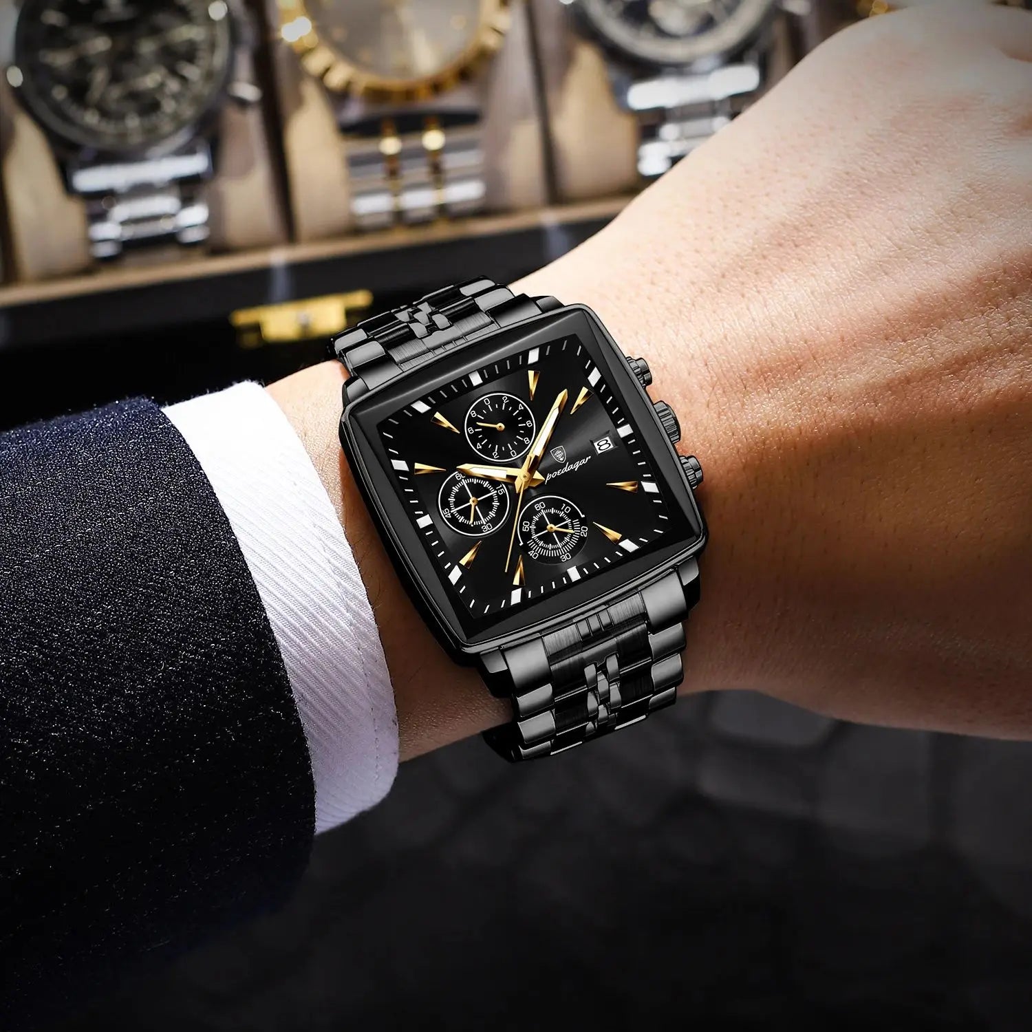 Square Chronograph Watch – Luminous Numberless Dial with Hidden Clasp Bracelet