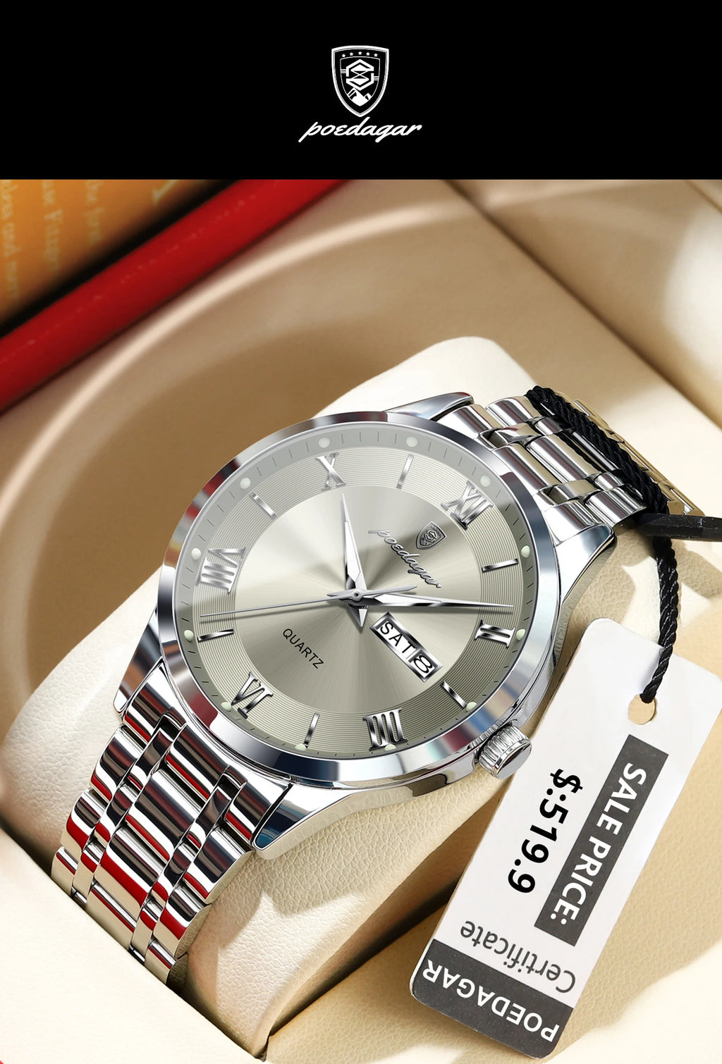 Roman Numeral Full Calendar Watch – Luminous Dial with Date, Week & Hidden Clasp
