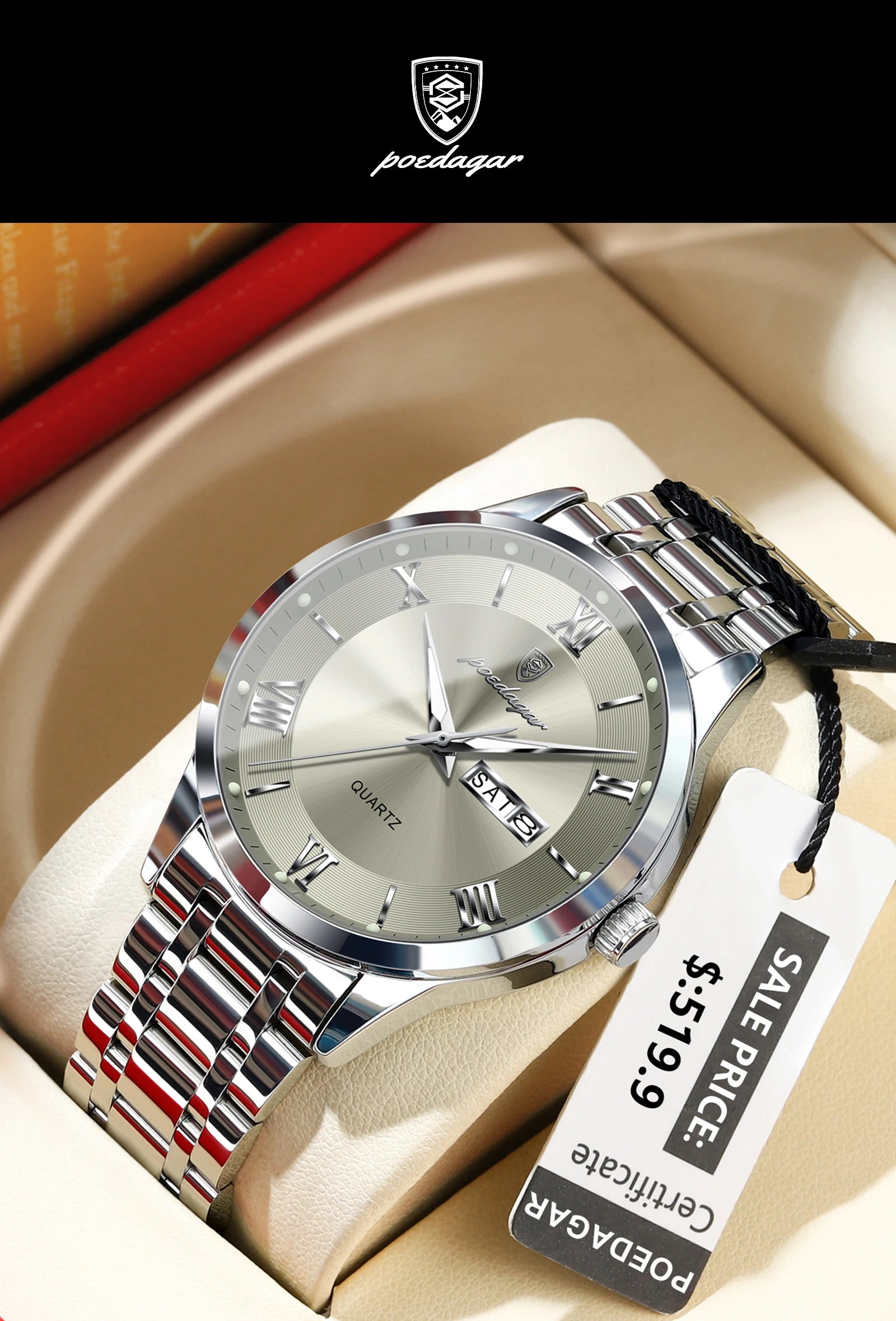 Roman Numeral Full Calendar Watch – Luminous Dial with Date, Week & Hidden Clasp