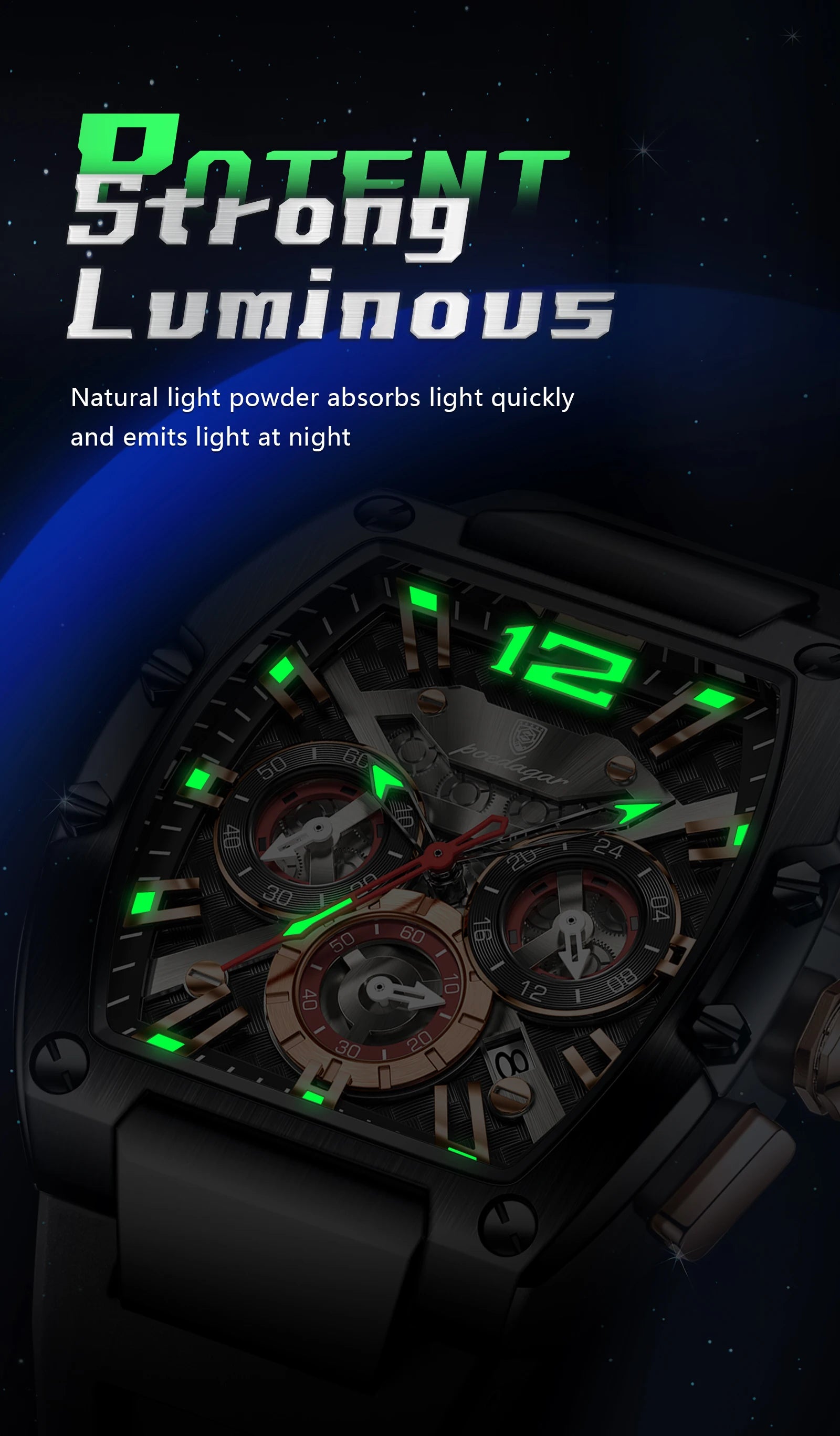 Tonneau Chronograph Watch – Roman Numeral Dial with Sapphire Crystal & Silicone Strap