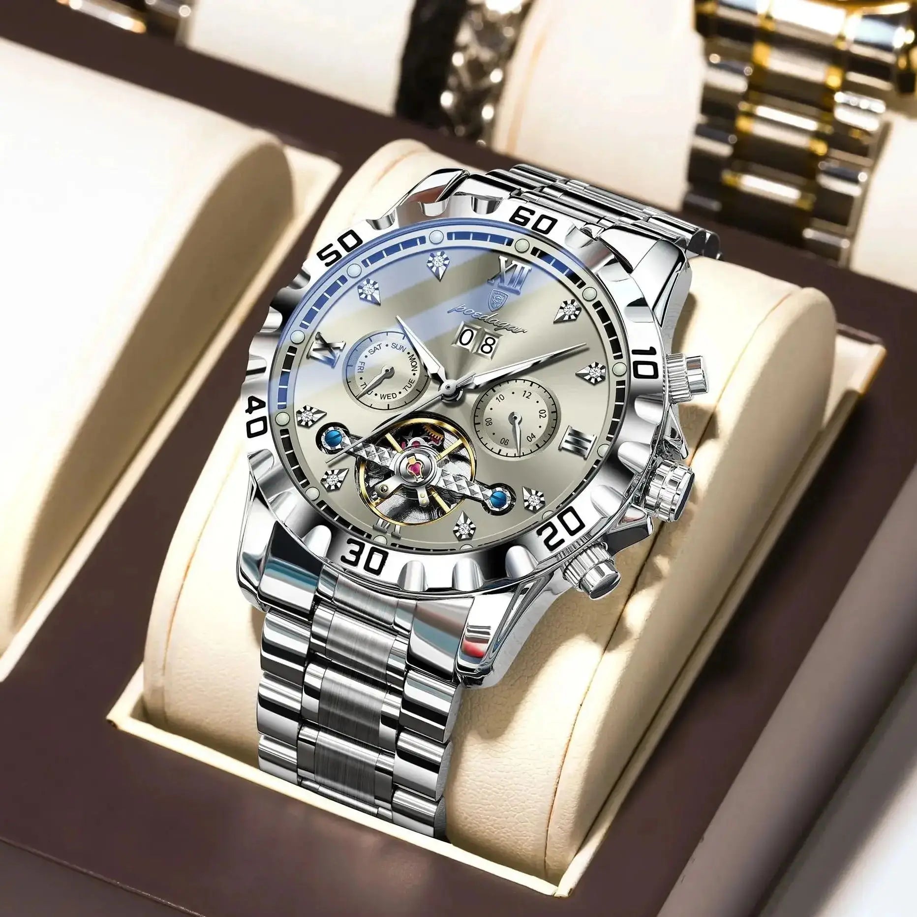 Automatic Tourbillon Style Watch – Sapphire Crystal with Week Display & Hidden Clasp
