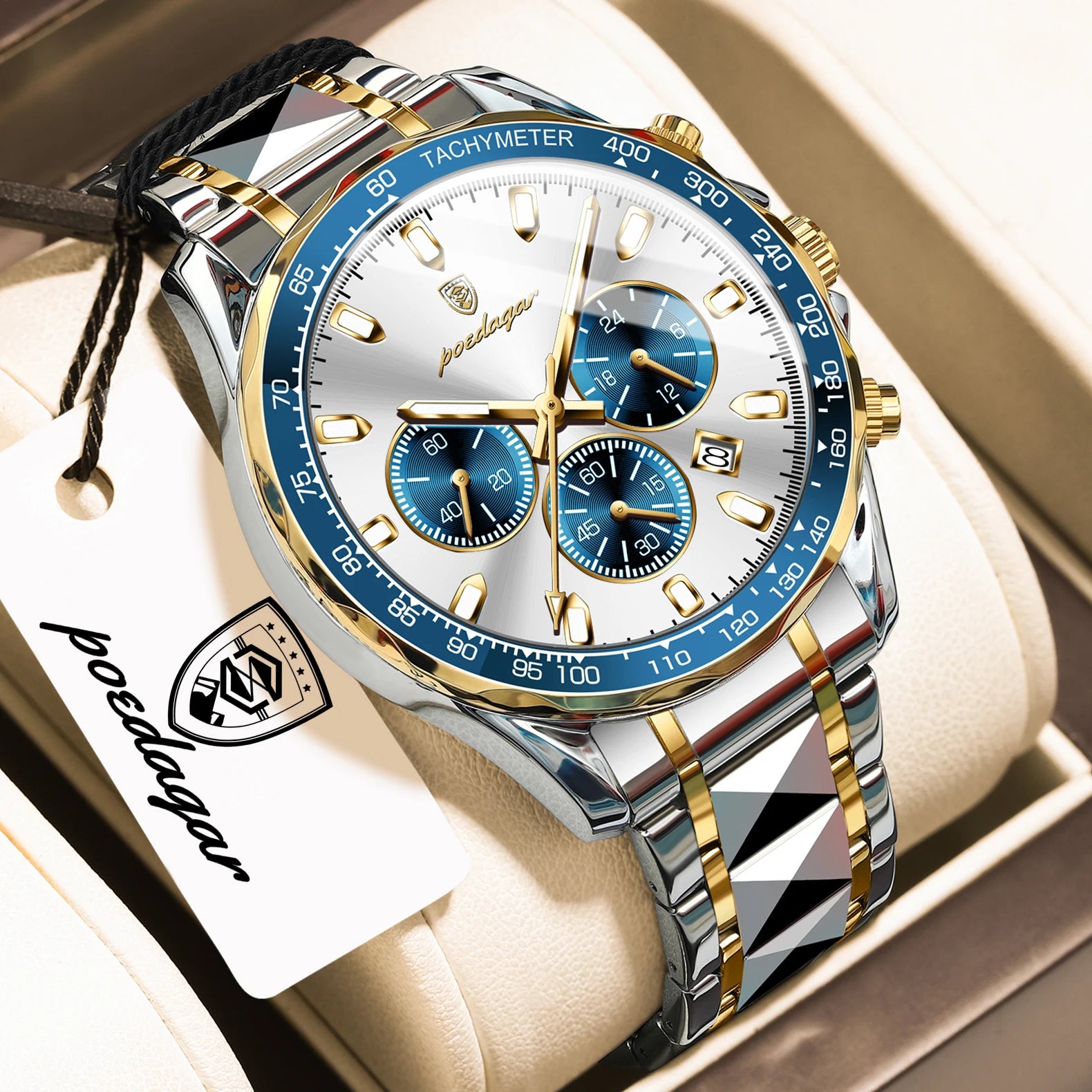 Chronograph Date Watch – Luminous Dial with Hidden Clasp Bracelet