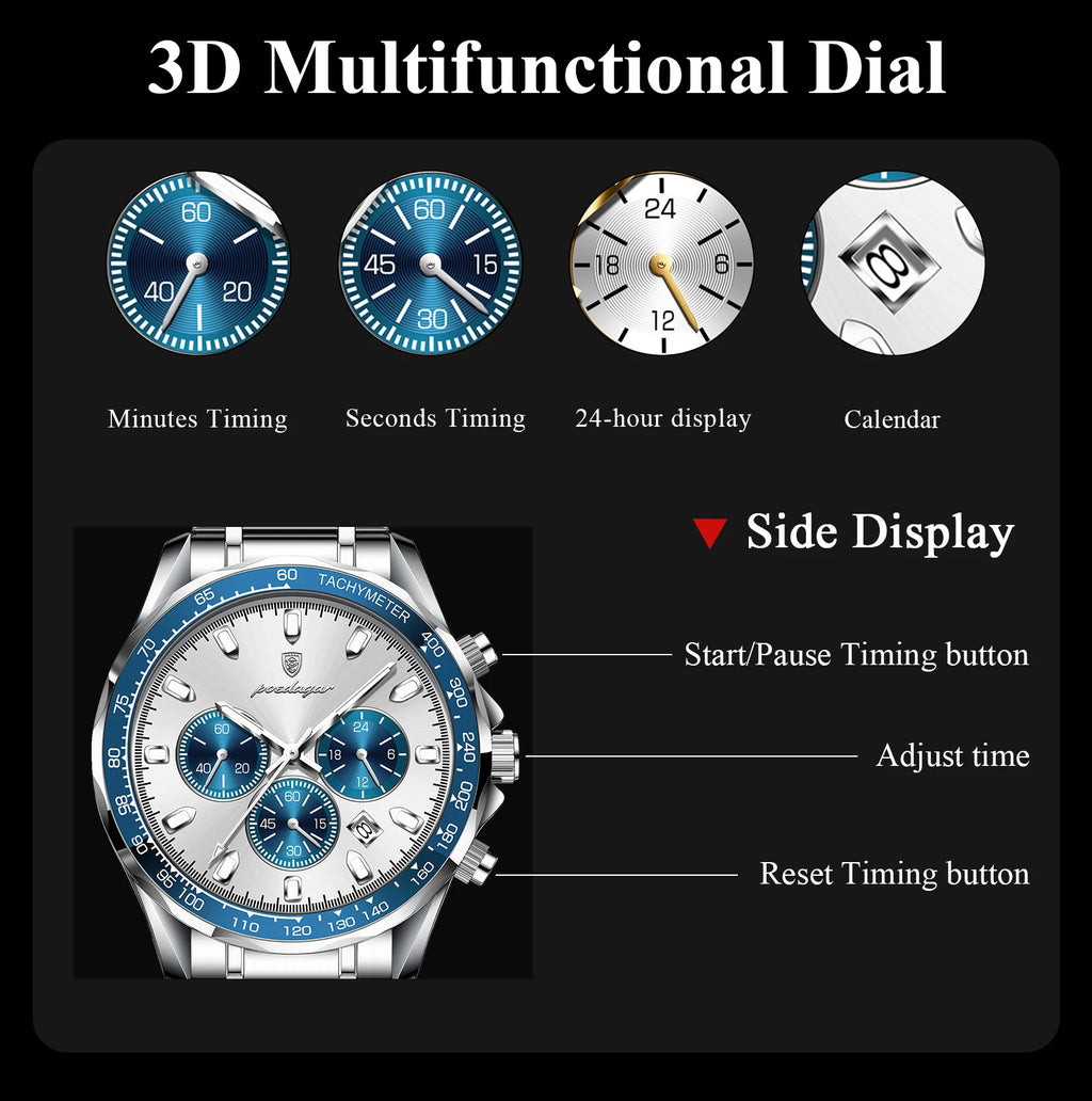 Chronograph Date Watch – Luminous Dial with Hidden Clasp Bracelet