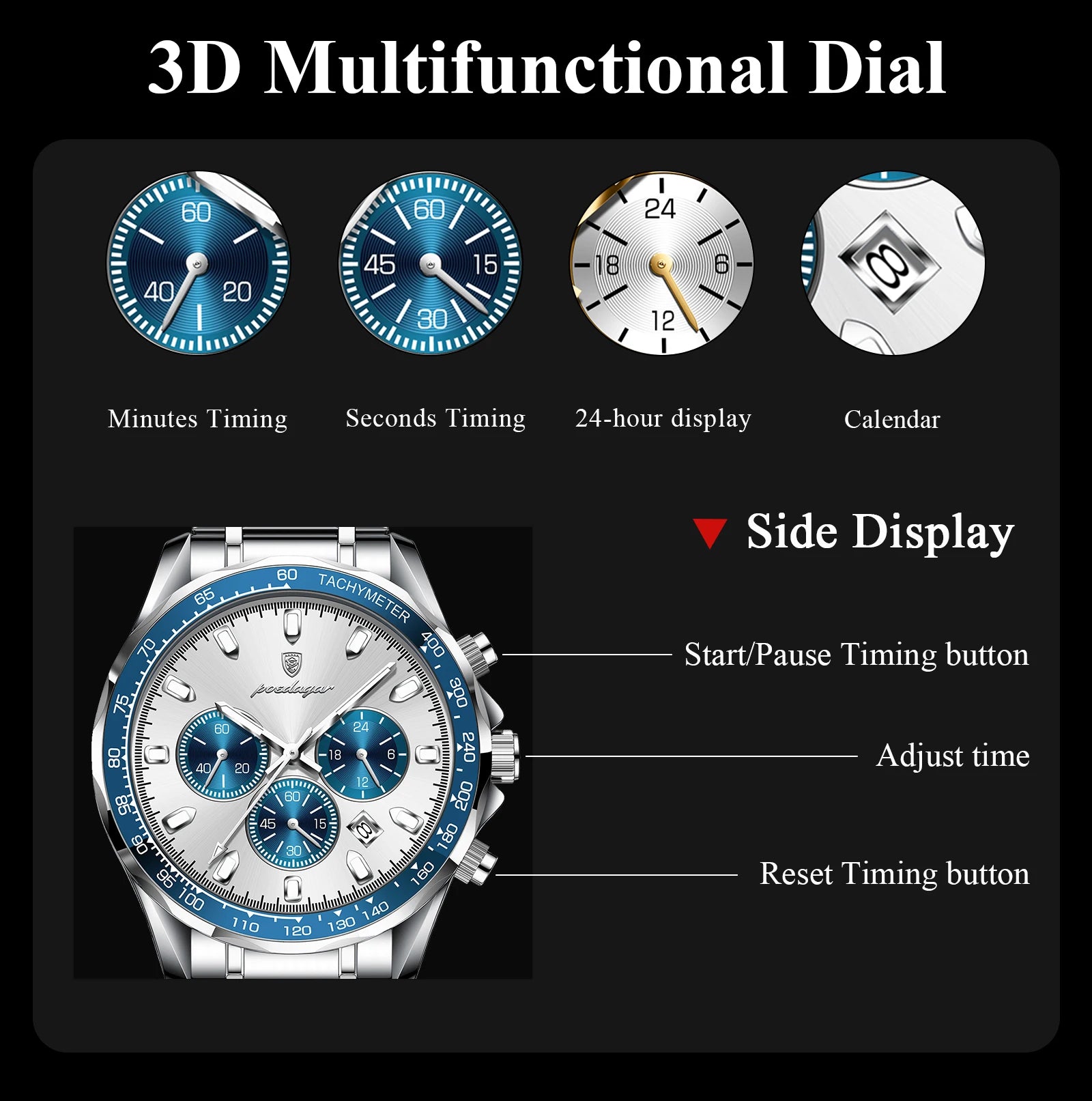 Chronograph Date Watch – Luminous Dial with Hidden Clasp Bracelet