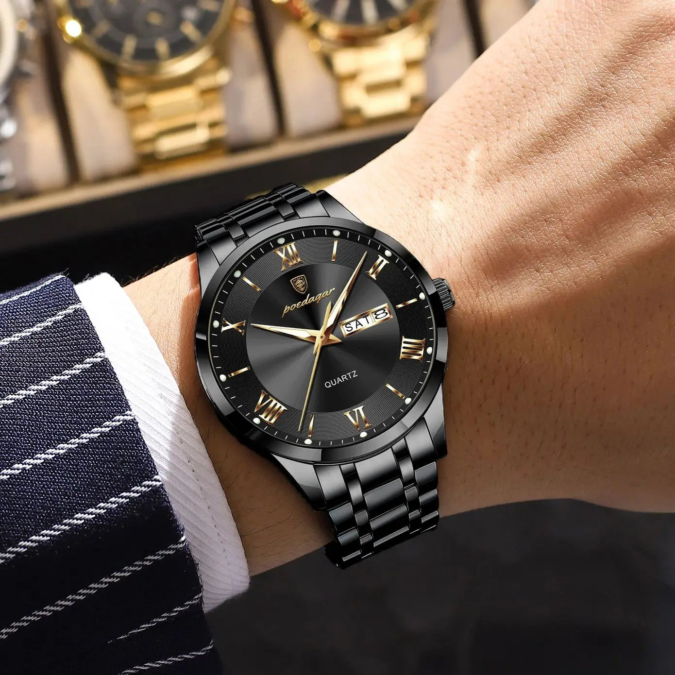 Full Calendar Stainless Steel Watch – Luminous Dial with Date, Week & Hidden Clasp