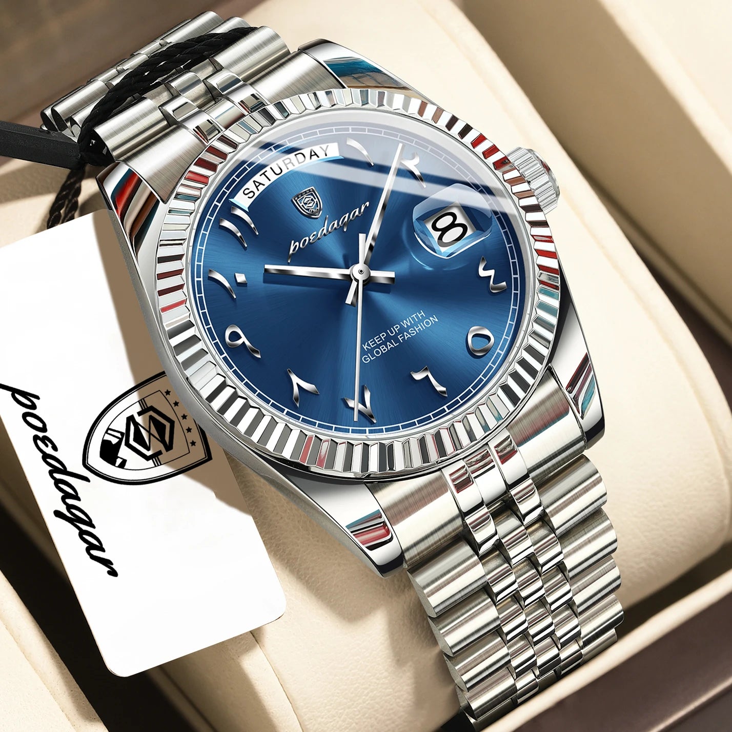 Full Calendar Slim Watch – Date & Week Display with Hidden Clasp Bracelet