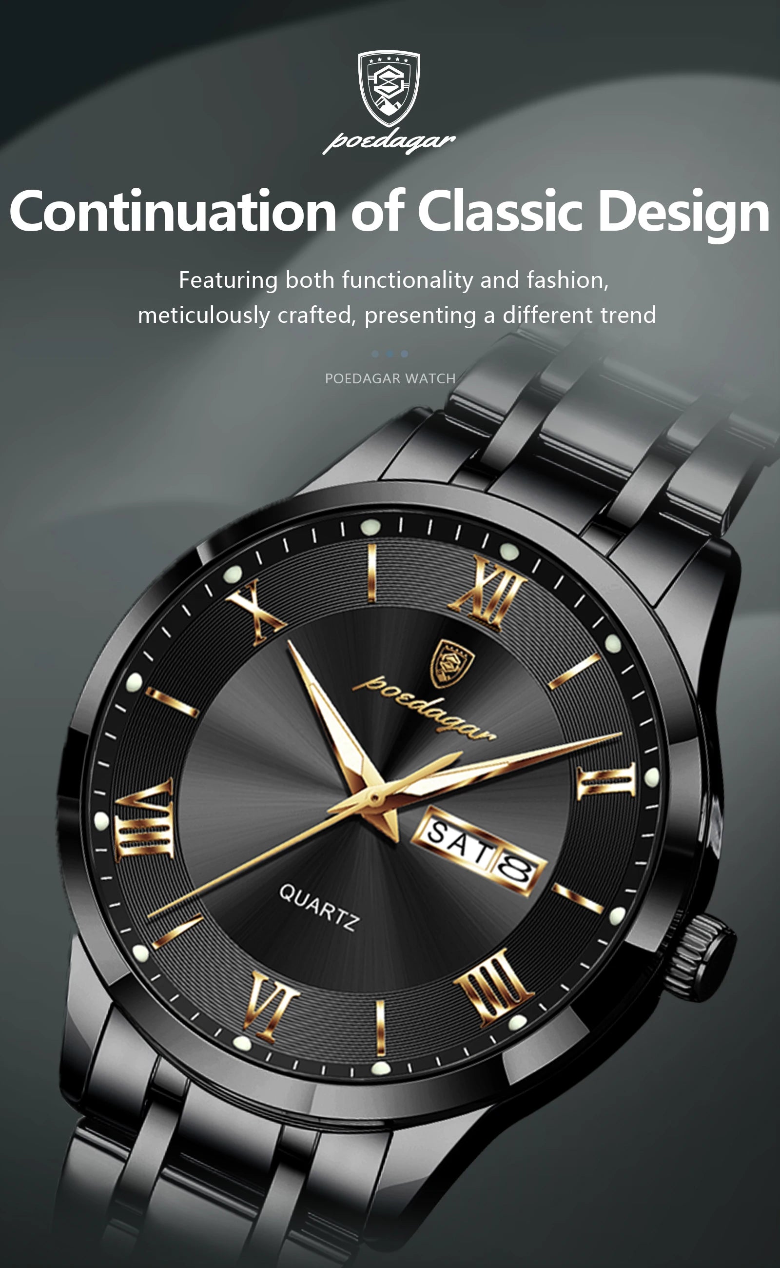 Full Calendar Stainless Steel Watch – Luminous Dial with Date, Week & Hidden Clasp