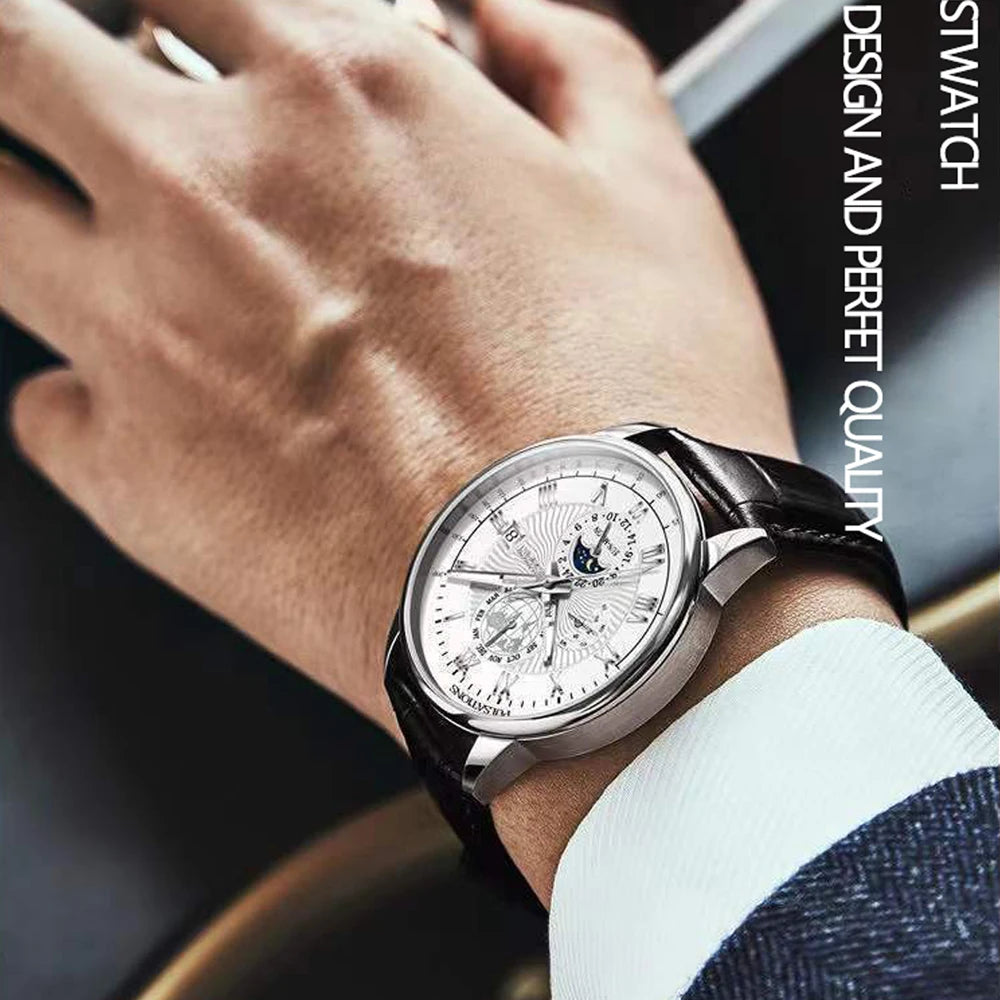 Roman Numeral Full Calendar Watch – Stainless Steel Bracelet with Stopwatch
