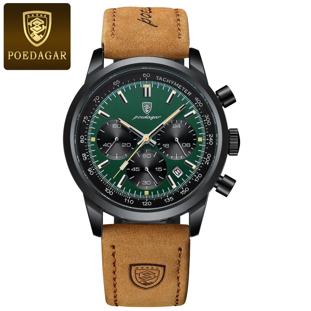 Chronograph Leather Watch – Full Calendar with Luminous Dial