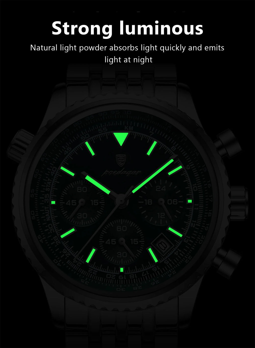 Chronograph Date Watch – Luminous Numberless Dial with Hidden Clasp Bracelet