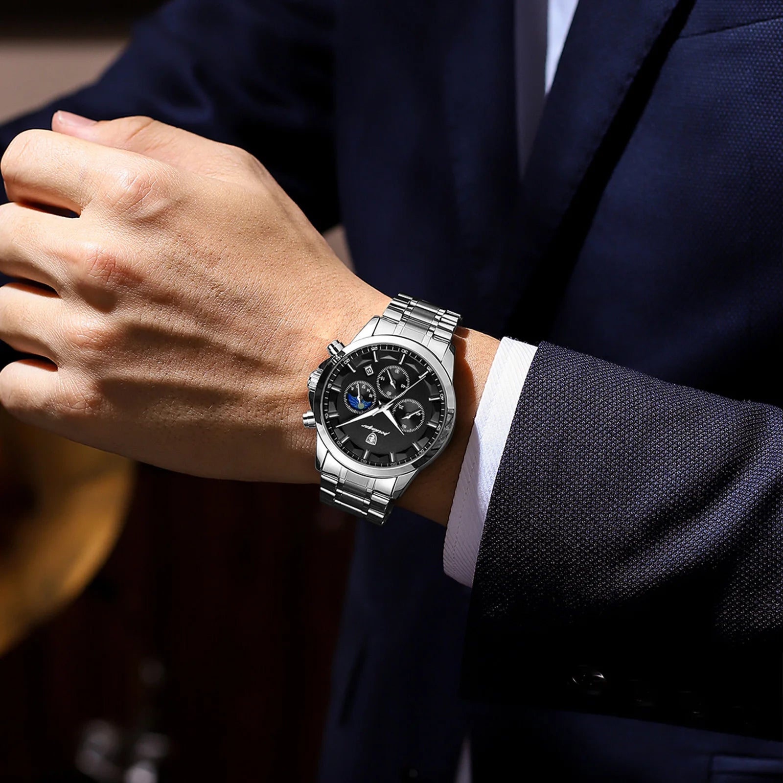 Chronograph Date Watch – Luminous Numberless Dial with Bracelet Clasp