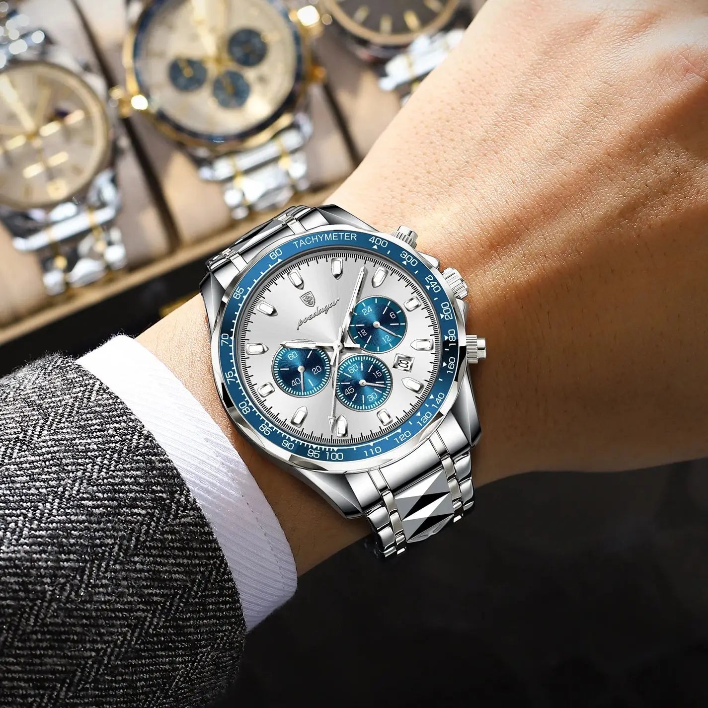 Chronograph Date Watch – Luminous Dial with Hidden Clasp Bracelet