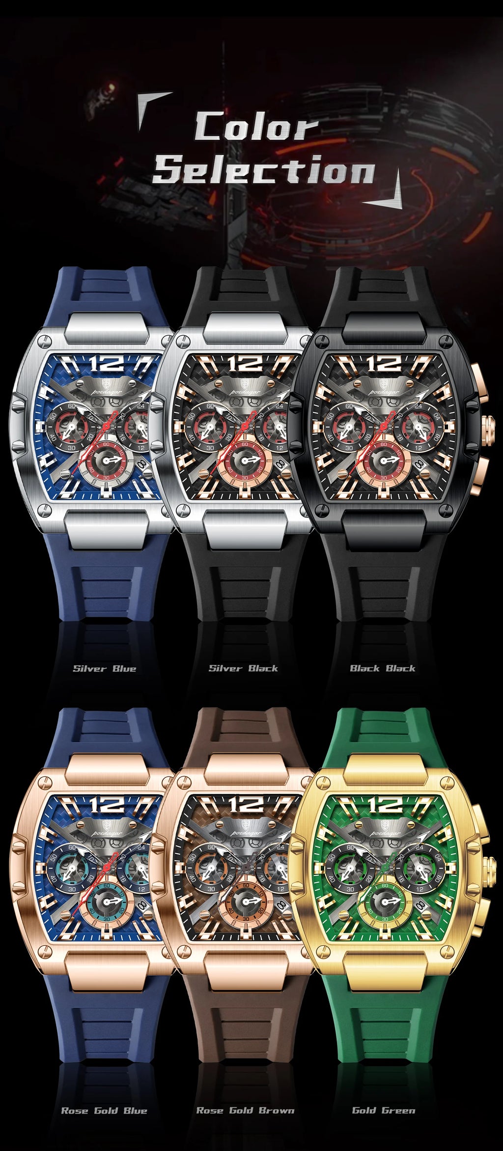 Tonneau Chronograph Watch – Roman Numeral Dial with Sapphire Crystal & Silicone Strap