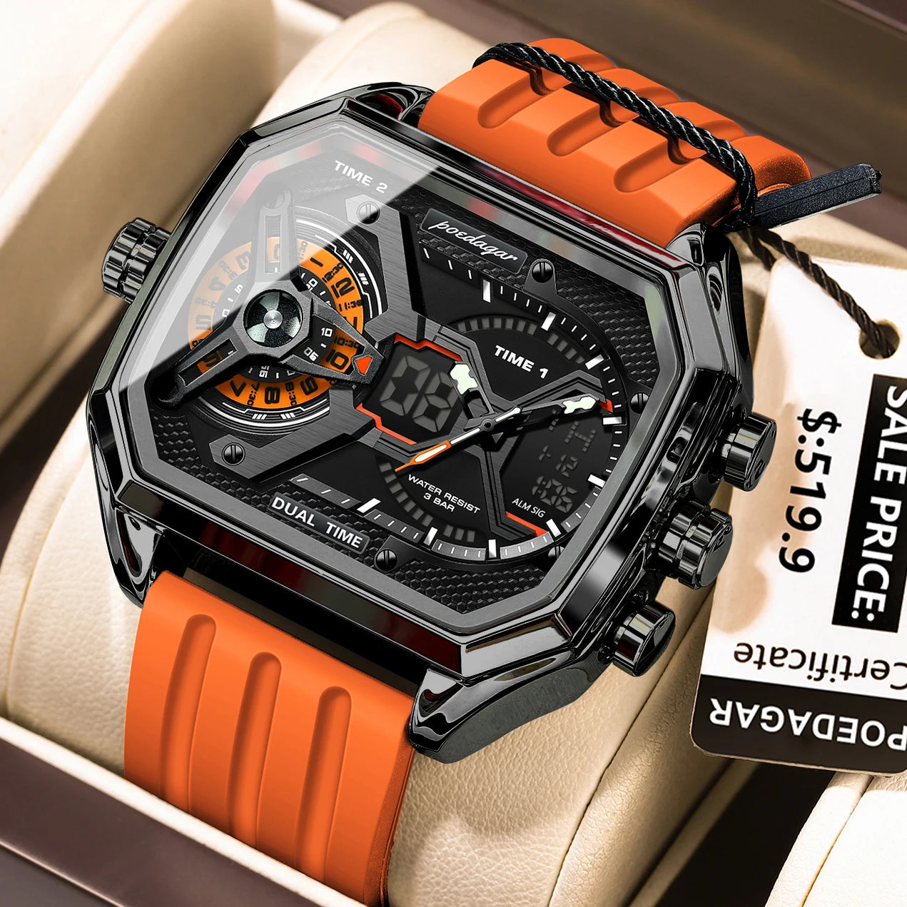 LED Analog-Digital Chronograph Watch – Dual Time & Alarm with Silicone Strap