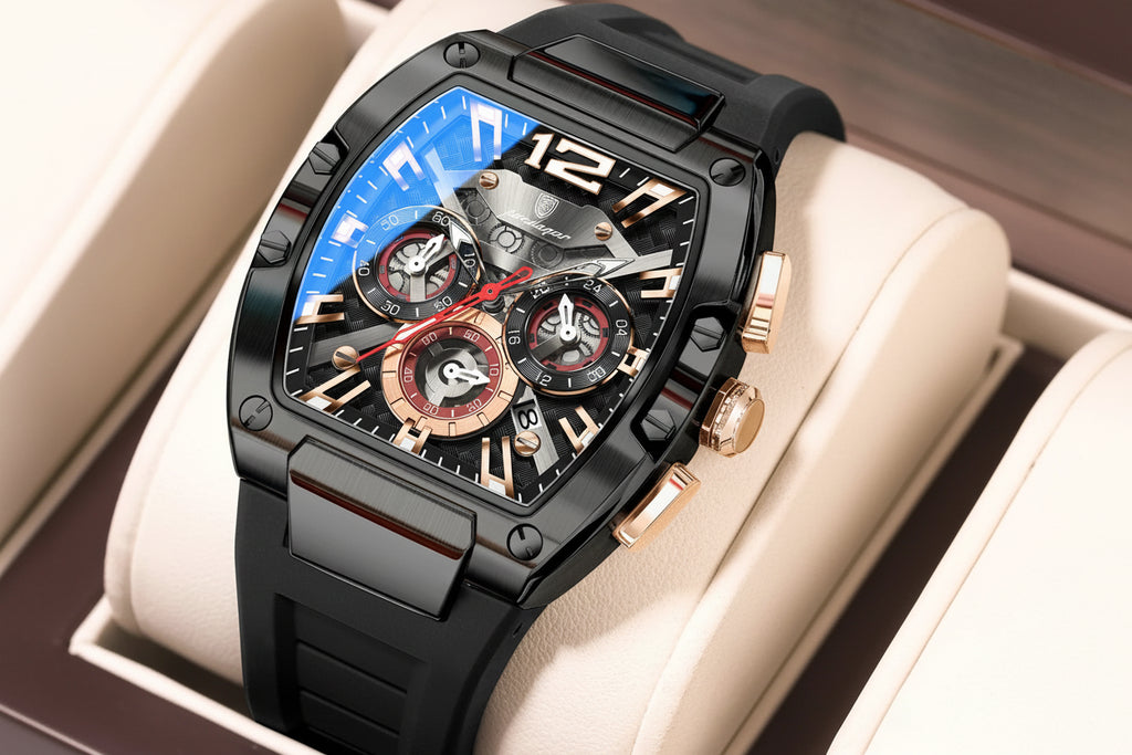 Tonneau Chronograph Watch – Roman Numeral Dial with Sapphire Crystal & Silicone Strap