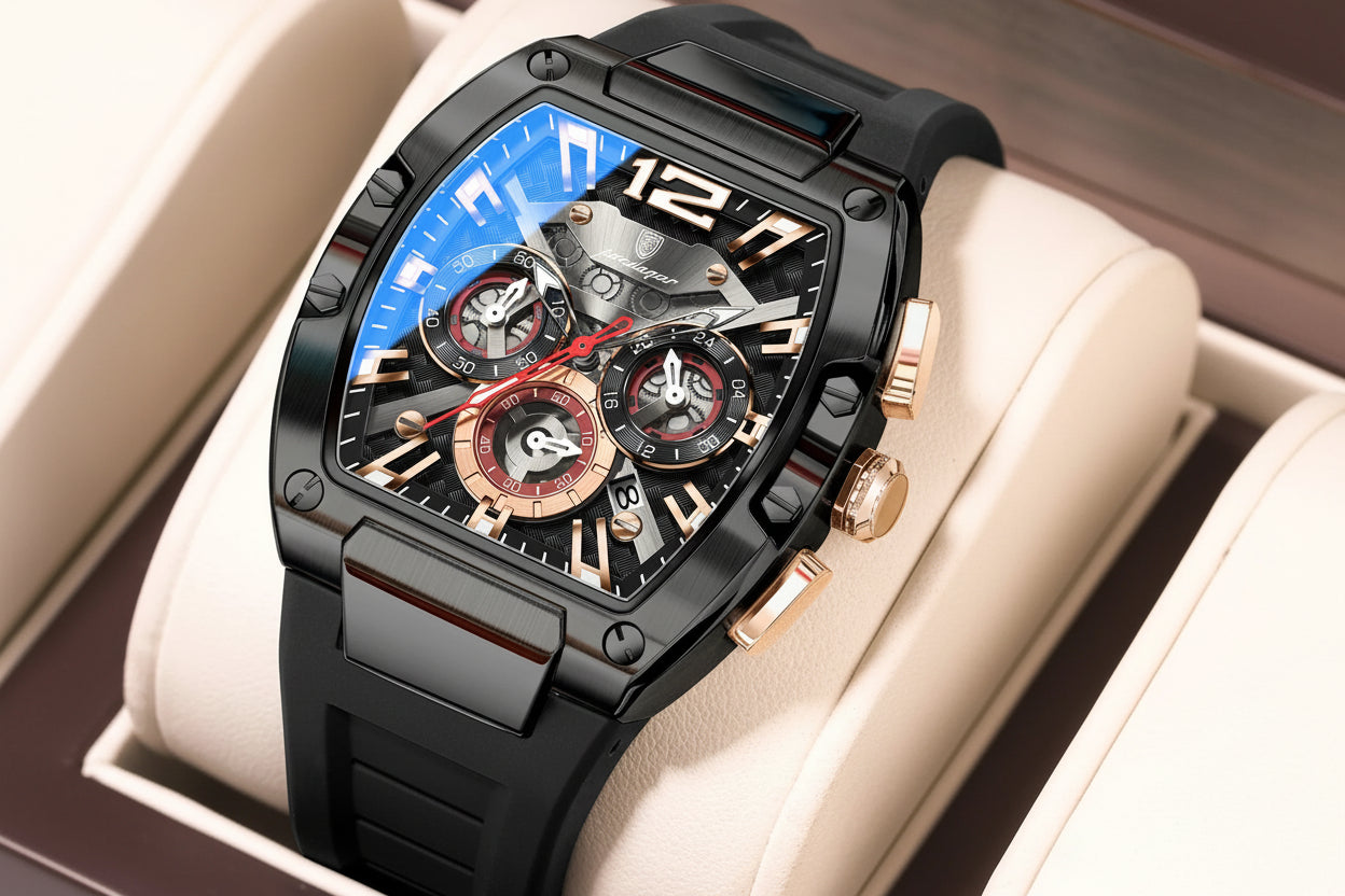 Tonneau Chronograph Watch – Roman Numeral Dial with Sapphire Crystal & Silicone Strap