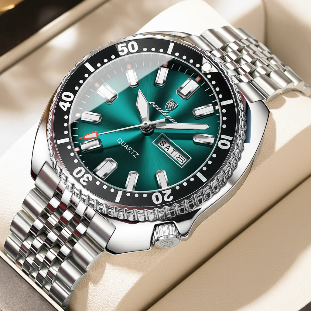 Large Full Calendar Watch – Luminous Dial with Hidden Clasp Bracelet