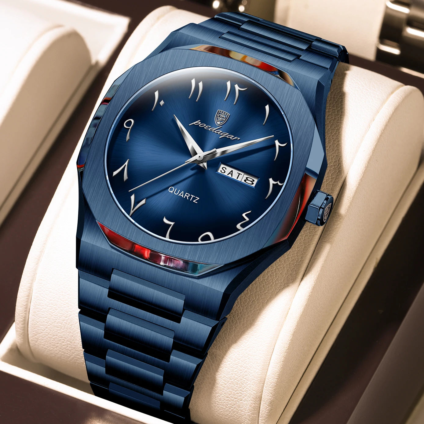 Irregular Shape Stainless Steel Watch – Full Calendar with Date & Week Display