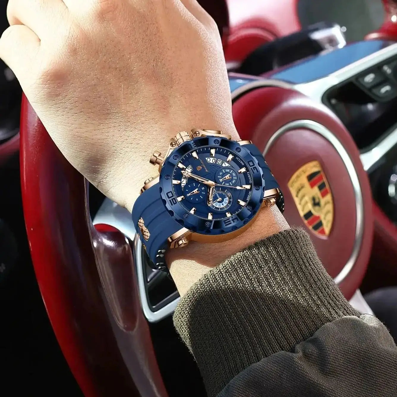 Large Chronograph Sport Watch – Full Calendar with Silicone Strap & Luminous Dial