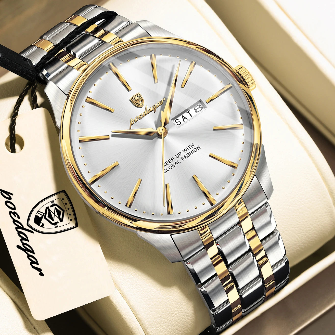 Full Calendar Stainless Steel Watch – Date & Week Display with Hidden Clasp
