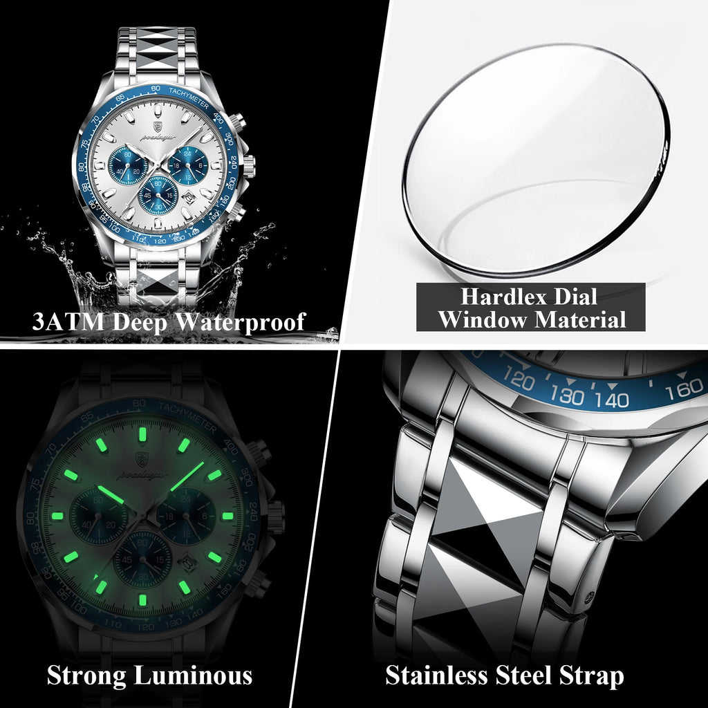 Chronograph Business Watch – Luminous Numberless Dial with Hidden Clasp Bracelet