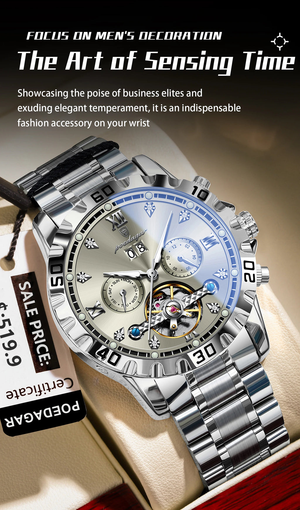 Automatic Tourbillon Style Watch – Sapphire Crystal with Week Display & Hidden Clasp