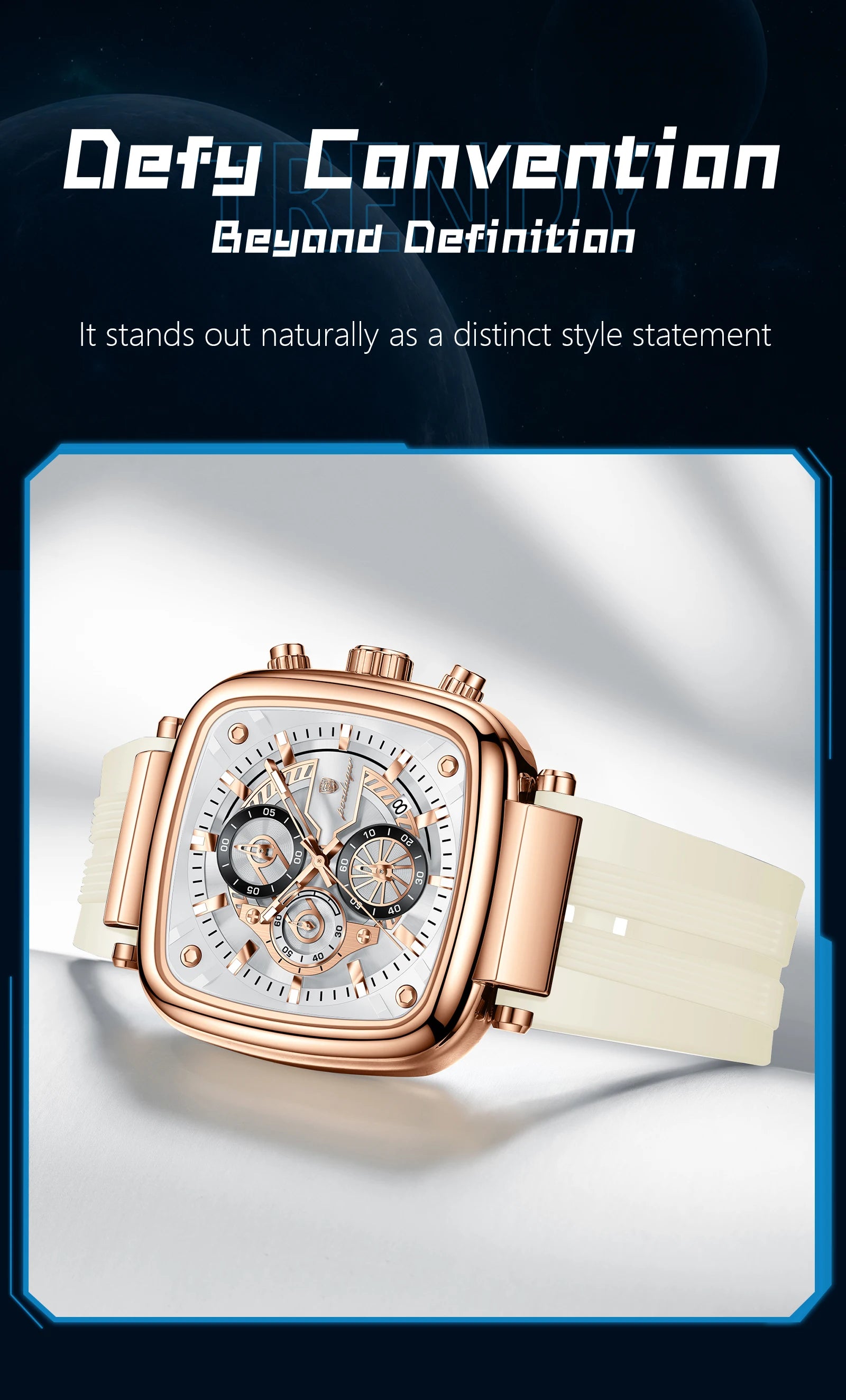 Square Chronograph Sport Watch – Luminous Dial with Silicone Strap & Date