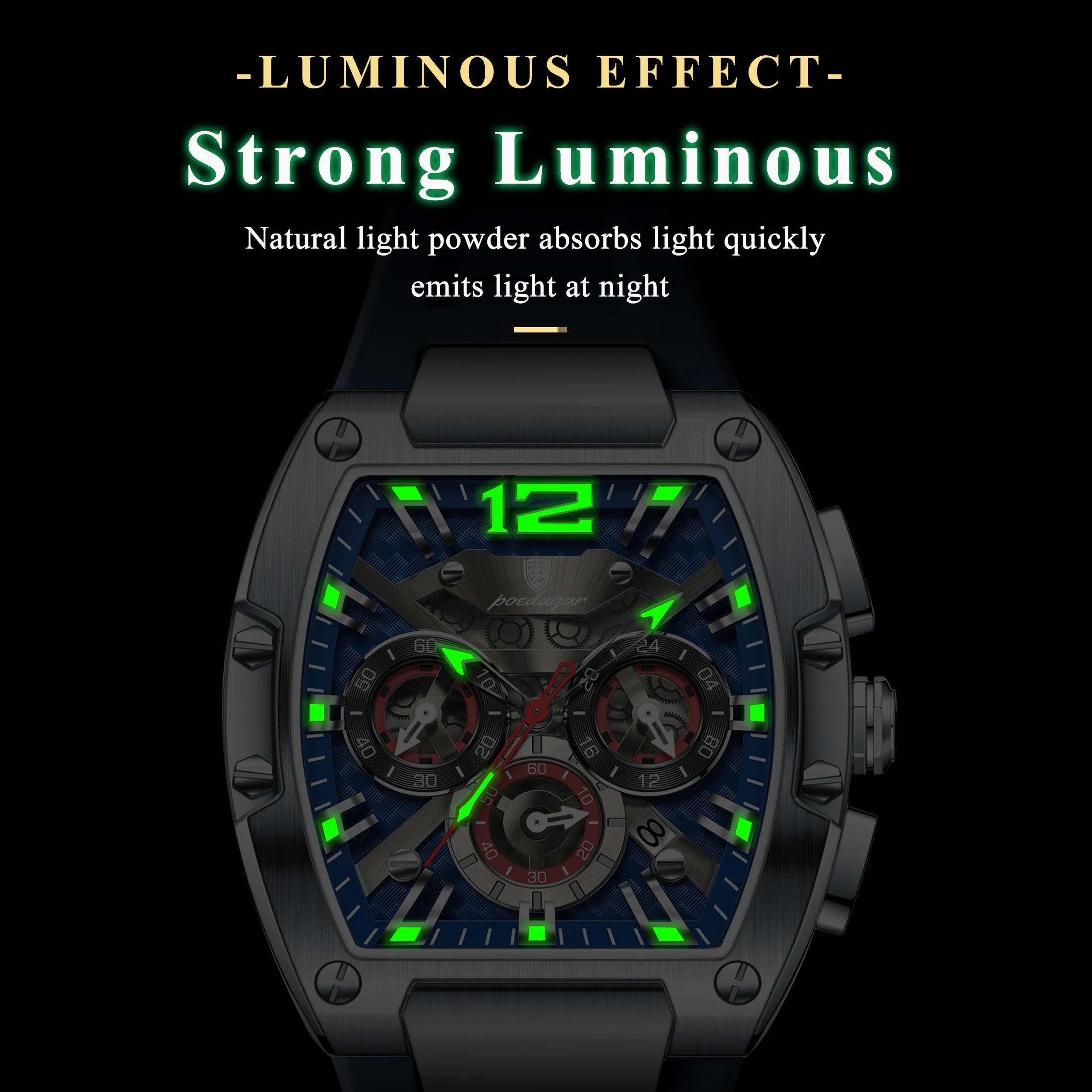Tonneau Chronograph Watch – Luminous Arabic Dial with Silicone Strap