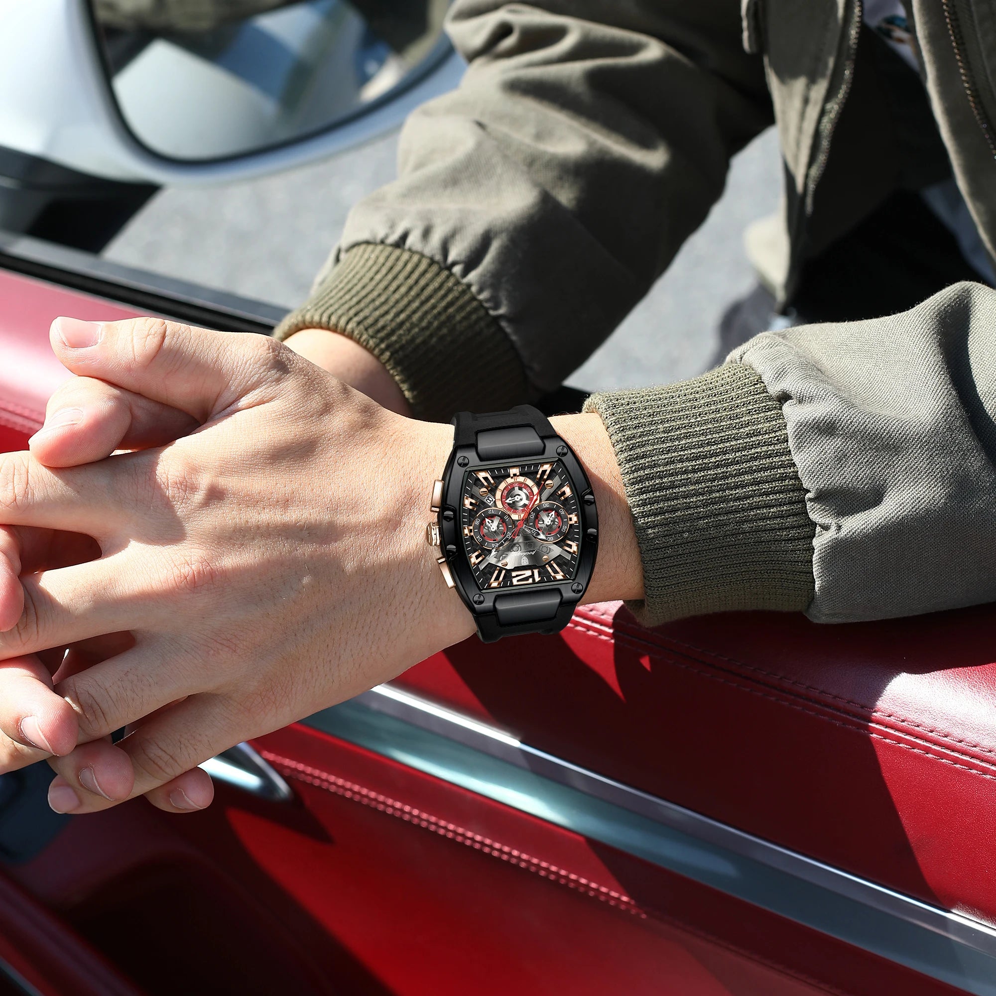 Tonneau Chronograph Watch – Roman Numeral Dial with Sapphire Crystal & Silicone Strap