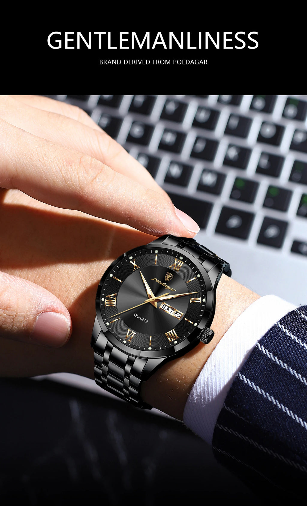 Full Calendar Stainless Steel Watch – Luminous Dial with Date, Week & Hidden Clasp