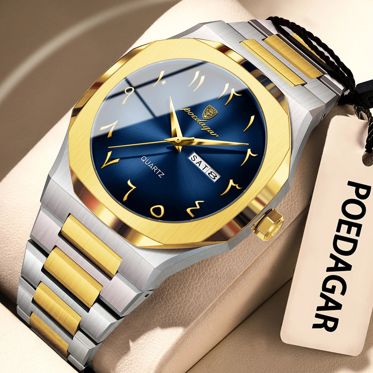 Irregular Shape Full Calendar Watch – Date & Week Display with Hidden Clasp