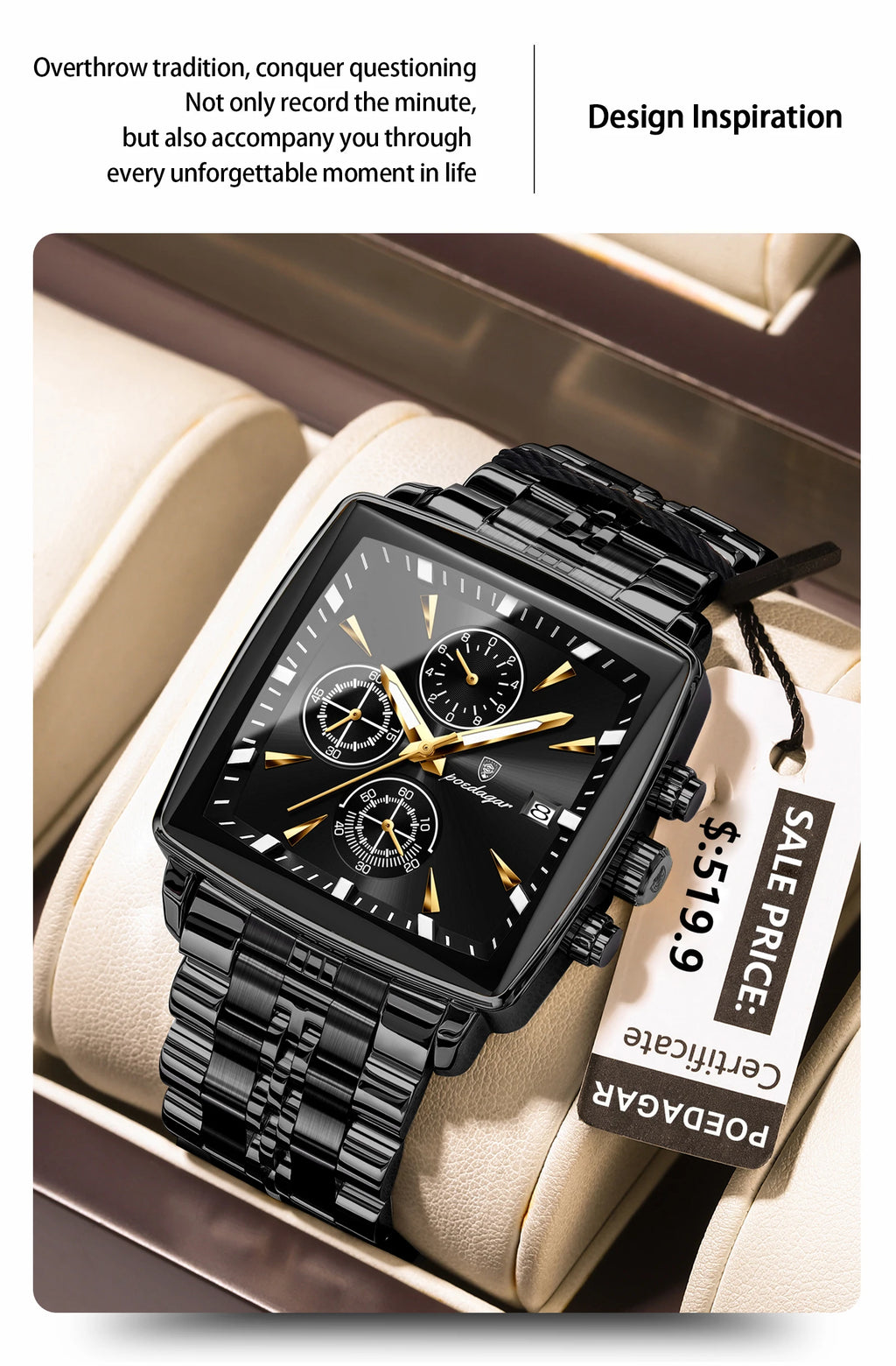 Square Chronograph Watch – Luminous Numberless Dial with Hidden Clasp Bracelet