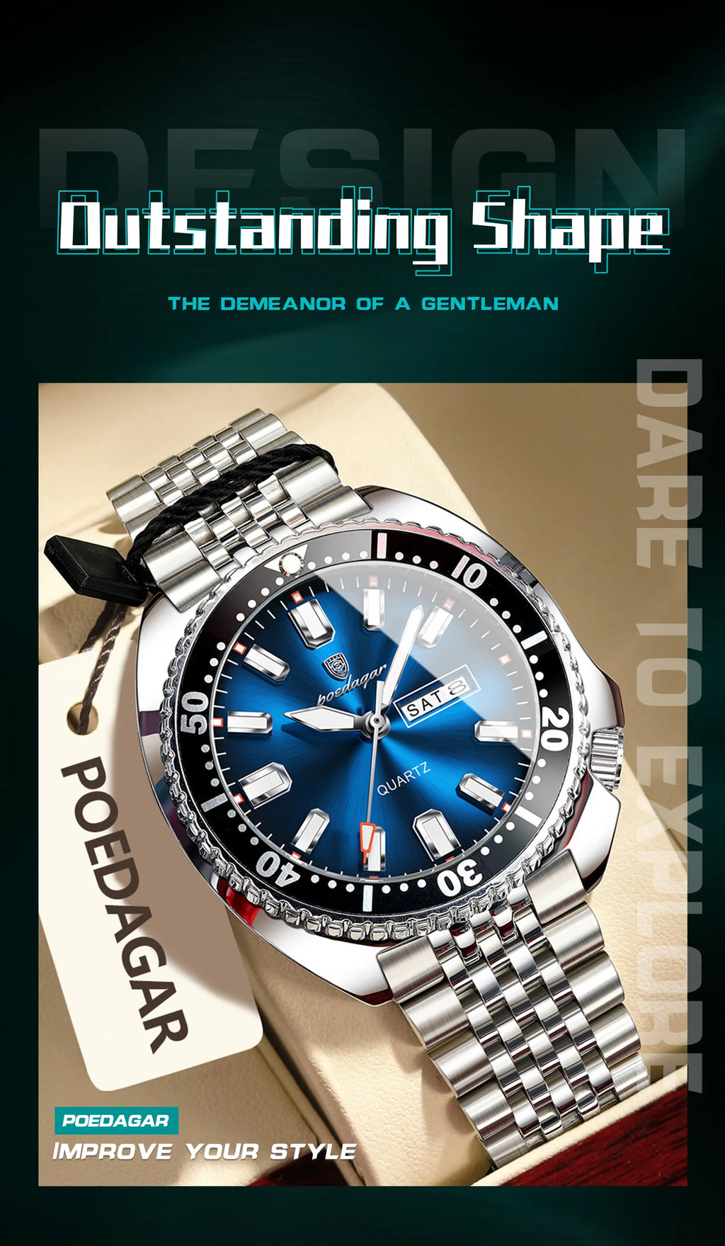 Large Full Calendar Watch – Luminous Numberless Dial with Hidden Clasp Bracelet