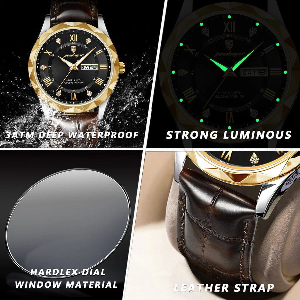 POEDAGAR Original Luxury Male Watch Waterproof Luminous Date Week Sports Men's Watches Classic Business Quartz Leather Men Watch