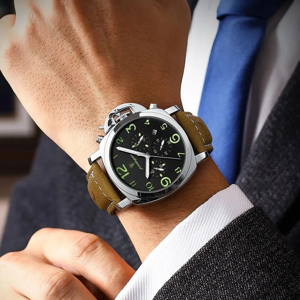 Chronograph Leather Watch – Bold Arabic Dial with Date & Luminous Hands