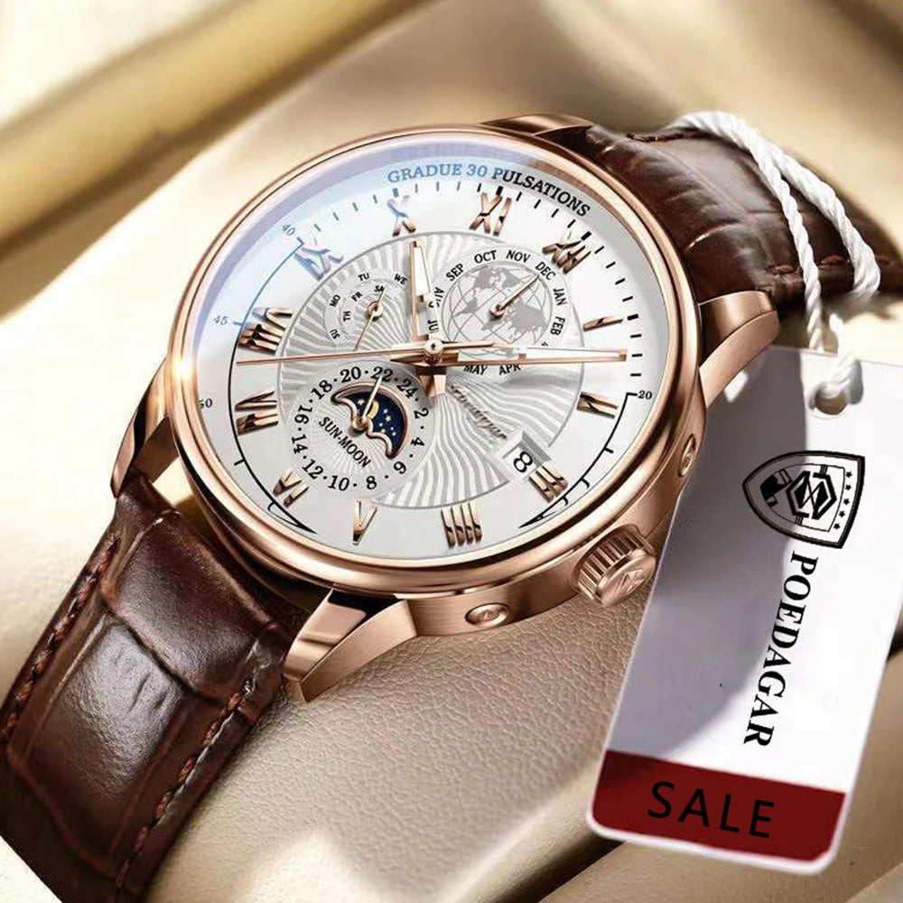 Roman Numeral Full Calendar Watch – Stainless Steel Bracelet with Stopwatch