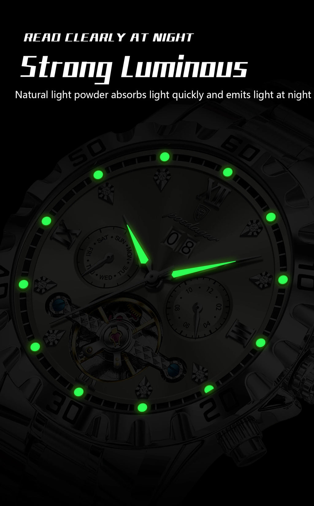 Automatic Tourbillon Style Watch – Sapphire Crystal with Week Display & Hidden Clasp