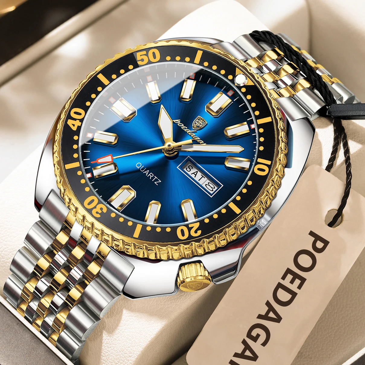 Large Full Calendar Watch – Luminous Dial with Hidden Clasp Bracelet